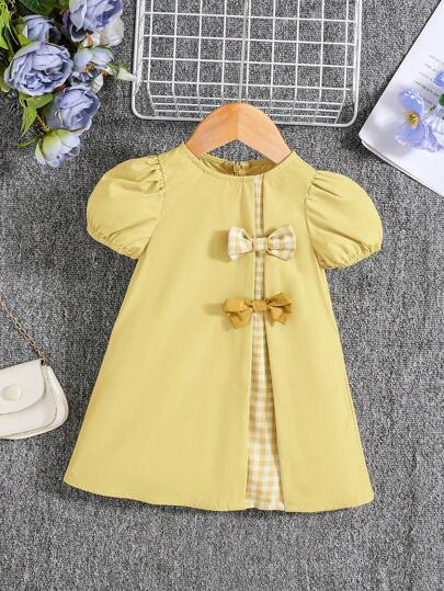 SHEIN Vestido lindo para bebé niña con bloque de color a cuadros, lazo, manga de farol y cuello redondo, adecuado para verano y Navidad