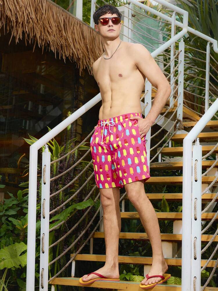 Men's Vacation Ice Cream Printed Drawstring Waist Loose Beach Shorts