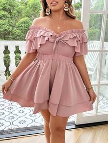 SHEIN Clasi Plus Size Summer Simple Ruffle Ruffle Hem Romper - Dusty Pink - View 5
