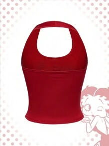 Betty Boop | ROMWE Parte superior entallada y recortada de correa de cuello alto con estampado de personajes de dibujos animados y letras para el verano, la escuela