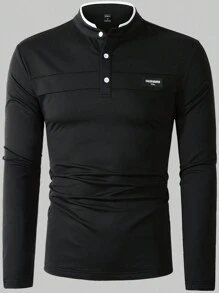 Manfinity Homme 男士夏季長袖休閒通勤網眼刺繡polo衫 - 黑色 - 查看 6