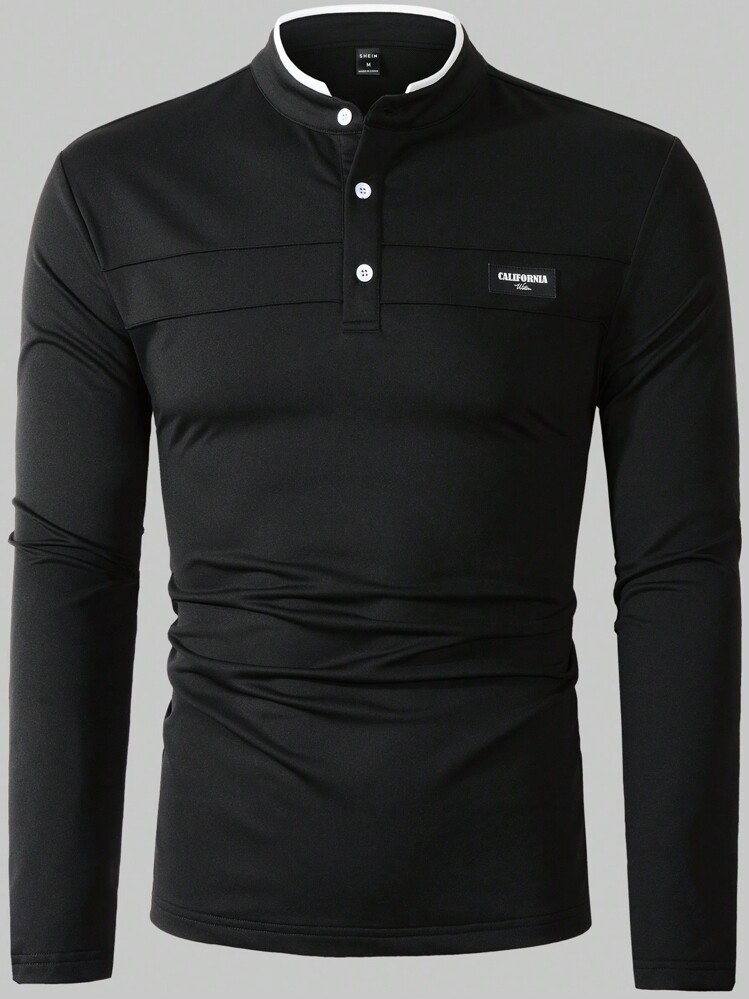 Manfinity Homme Áo thun polo nam dài tay đi làm thường ngày mùa hè có thêu chữ - màu đen - Xem 6