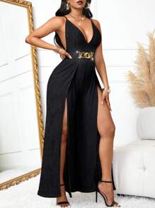Women's Y2K Sexy Slit Vintage Summer Metal Belt Wide-Leg Romper With Clustered Waist