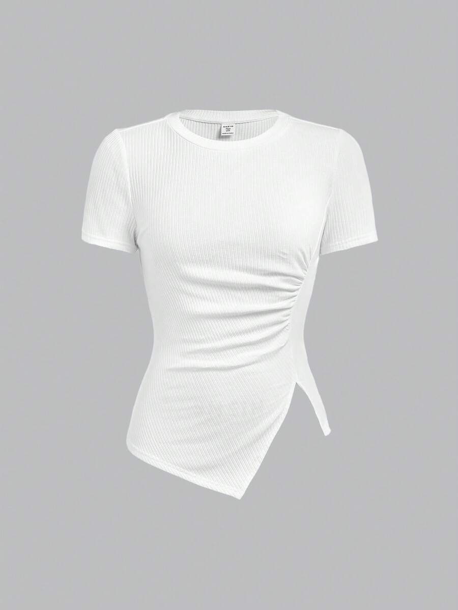 SHEIN Girlism 少女針織固色斜條紋短袖T卹,採用褶紋和分割式下擺設計 - 白色 - 查看 1