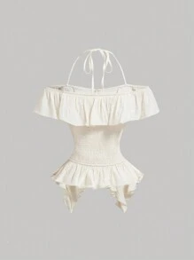 SHEIN MOD Blusa de mujer de cuello halter, hombros descubiertos, con volantes en color albaricoque, blusa elegante con volante asimétrico, blusa versátil para salir y brunch - Albaricoque - Ver 2