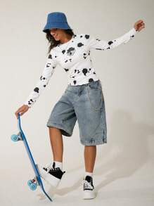 GAWX 艺术家女士卡通印花修身长袖 T 恤，春/夏图案 T 恤，适合假期、度假、节日、伊比沙岛装扮、西方服饰 - 白色 - 查看 5