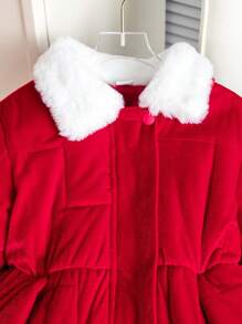 Young Girls' Simple Fluffy Collar Warm Padded Coat - Red - View 3