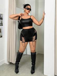 SHEIN ICON 大码PU镂空交叉系带紧身短裤