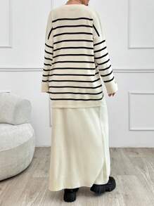 SHEIN Tall Striped Pattern Drop Shoulder Sweater & Knit Skirt - Black and White - View 2