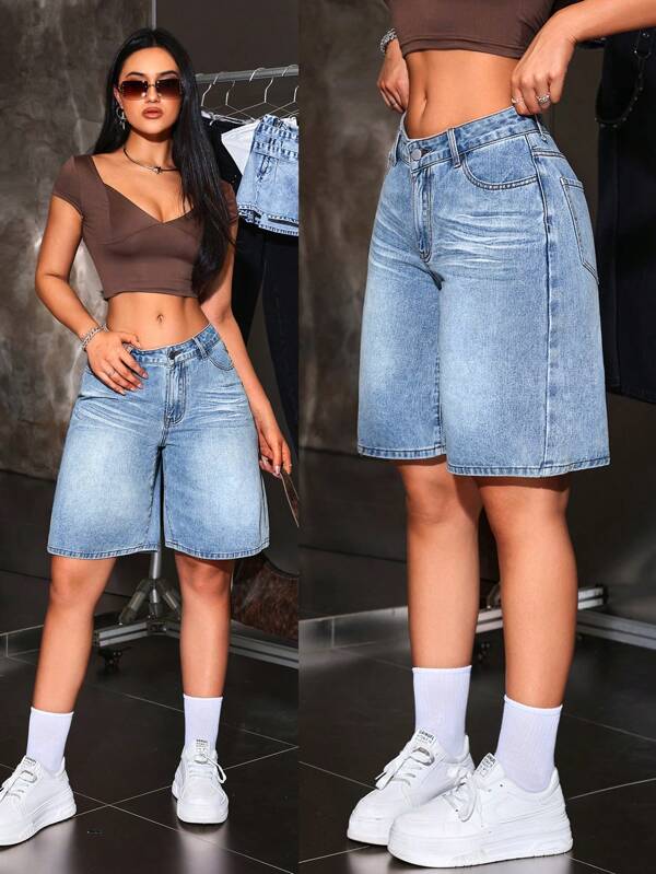 SHEIN ICON Ladies' Solid Color Simple Daily Denim Shorts
