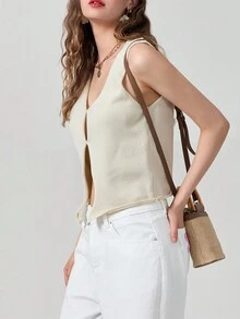 Women's Summer Knitted Solid Color V-Neck Hollow-Out Vest - Beige - View 4