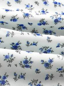 SHEIN EZwear 女款藍色小花短袖度假T卹，方領設計，白底 - 彩色 - 查看 4