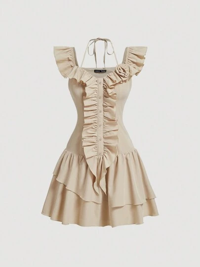 SHEIN MOD 复古浪漫 3D 花卉流苏蕾丝衬衫裙、返校服、秋装、衬衫裙、卡其色裙、可爱裙