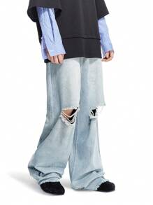 Manfinity EMRG Quần jean baggy rách rách màu xanh nhạt cho nam - Rửa nhẹ - Xem 4