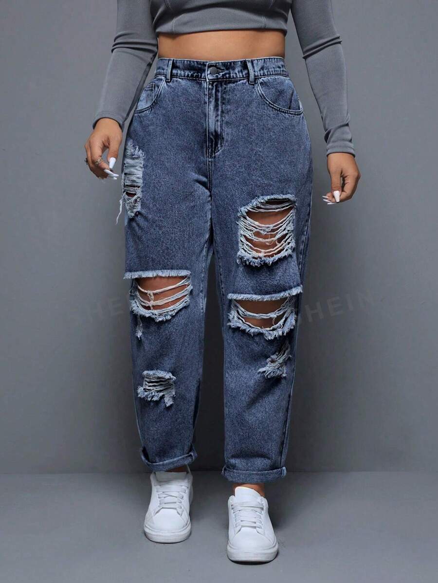 SHEIN EZwear Jeans de talla grande de mujer ajustados informales deprimidos, primavera/verano