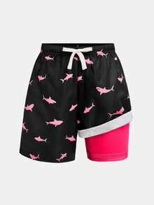 SHEIN Tween Boys' Swimwear Casual Patterned Woven Swimming Trunks - Black - View 6