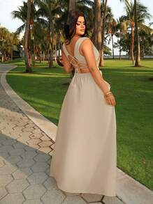 SHEIN SXY V-Neck Belted Ruffle Hem Back Tie Summer Sleeveless Elegant Dress - Apricot - View 2