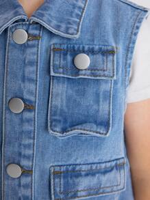 Young Boy Street-Style Washed Denim Jacket With Organ Pleats And Multiple Pockets - Medium Wash - View 4