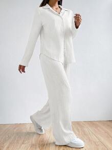 SHEIN EZwear Women's Plain And Simple Daily Wear Shirt And Long Pants Two-Piece Set - White - View 6