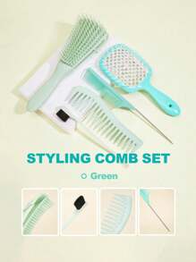 5pcs/Set Professional Hair Styling Comb Set For Curly, Consist Of Edges Brush, Tail Comb, Gel Brush Denman Brush Edge Control Brush,Hair Brush Detangling Barber Comb Parting Comb Hair Picks Rat Tail Comb Rat Tail Combs For Parting,Hair Styling Comb Decorative Tail Comb, Edge Control Brush And Shampoo Brush Hair Comb Set, Anti-Static Braiding Combs Hair Combs For Salon,Braiding Combs Rat Tail Comb,Wide Tooth Comb Teasing Hair Brush Brush Hair Brush Scalp Massage,Straight, Wet, Dry, Long, And Shor - Green - View 6