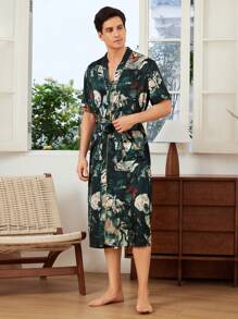 Men's Short Sleeve Floral Butterfly Printed Robe For Summer - Multicolor - View 3