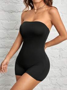 SHEIN PETITE Casual Simple Black Sleeveless Short Sexy Jumpsuit Women's Unitard Suitable For Summer