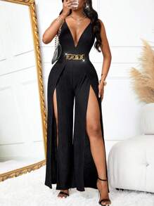 Women's Y2K Sexy Slit Vintage Summer Metal Belt Wide-Leg Romper With Clustered Waist