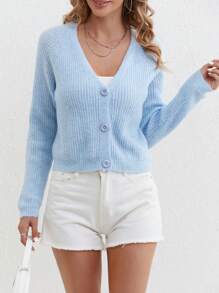 Áo khoác cardigan tay dài cổ chữ V màu trơn đơn giản cài nút cho nữ, nhẹ nhàng và ngọt ngào, thích hợp cho mùa xuân và mùa thu - Màu xanh lam - Xem 3