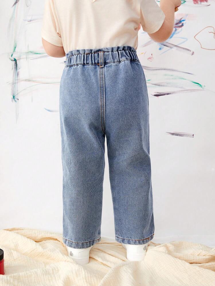 Baby Girl Blue Casual Loose Wide Leg Denim Pants With Heart-Shaped Pockets