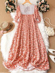 Breezaya Vestido maxi holgado de mujer con mangas de farol, estampado de plantas, cinturón y corte recto, atuendo vacacional para mujeres - Albaricoque - Ver 3
