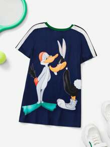 LOONEY TUNES X SHEIN 少女休閒卡通印花校風膠帶連身裙，夏季 - 藏蓝色 - 查看 3
