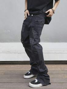 Manfinity EMRG Men's Slim Flared Jeans With Distressed Pockets And Ripped Design