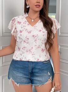 SHEIN Privé 大尺碼夏季花色雪紡印花刺繡布料度假休閒舒適日常女裝V領襯衫 - 彩色 - 查看 1