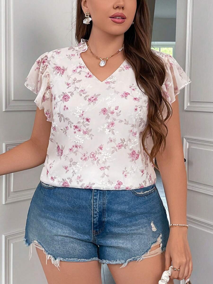 SHEIN Privé 大尺碼夏季花色雪紡印花刺繡布料度假休閒舒適日常女裝V領襯衫 - 彩色 - 查看 1