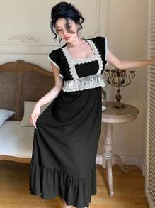 DAZY Ladies Fashion Lace Spliced Ruffle Hem Sleep Dress - Black - View 3