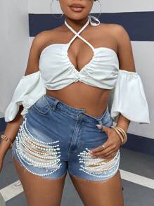 Slaydiva 加肥碼性感藍色牛仔短褲，帶流蘇和撕裂設計，彈性腰帶 - 中等水洗藍 - 查看 5