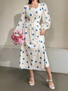 Modelyn Đầm Maxi Tay Lồng Đèn Hoa Mùa Hè Cho Nữ Có Cổ Vuông Và Thắt Lưng Eo - Màu xanh lam - Xem 4