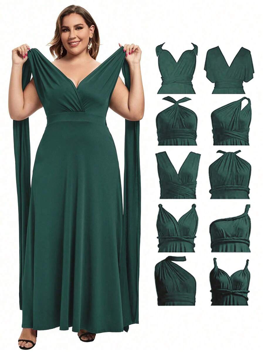 Plus Size Women Off-Shoulder Ruched Long Dress Elegant Summer - Green - View 1