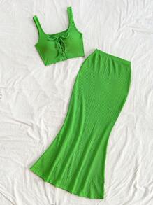 Soleia Green Butterfly Ruched Strap Vest + Knee-Length Skirt, 2pcs Romantic Casual Beach Vacation Outfit For Women - Green - View 5