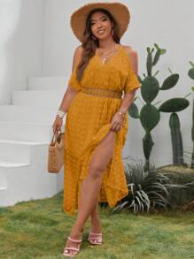 SHEIN VCAY Plus Cold Shoulder Guipure Lace Insert Split Thigh Summer Dress - Yellow - View 1