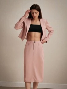 GENKIRA Conjunto de traje de chaqueta limpio y elegante para la oficina con blazer corto y sencillo con un solo botón combinado con falda recta de longitud media - Rosa - Ver 4