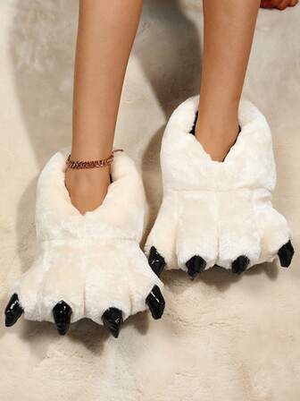 Fall/Winter Funny Dinosaur Claw Design Slip-On Slippers, Red Claw Anti-Slip Cozy Ladies House Slippers, One Size,Halloween,Fluffy Slippers