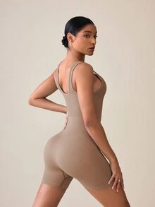 Easithlete Enterizos sin costuras de punto acanalado de verano para mujer de unicolor para deportes - Caqui - Ver 4