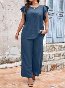 SHEIN Unity 大码亚麻质感圆领分层盖袖袖口蕾丝边衬衫 + 直筒宽松裤 2 件套，适合休闲外出、度假 - 藍色 - 查看 7