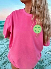 INAWLY 女士时尚笑脸印花休闲节日潮流 T 恤图案 T 恤女式上衣 - 玫紅色 - 查看 2