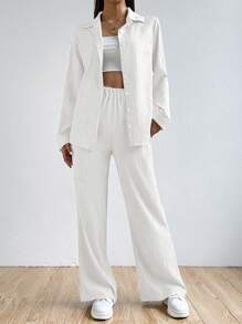 SHEIN EZwear Women's Plain And Simple Daily Wear Shirt And Long Pants Two-Piece Set - White - View 1