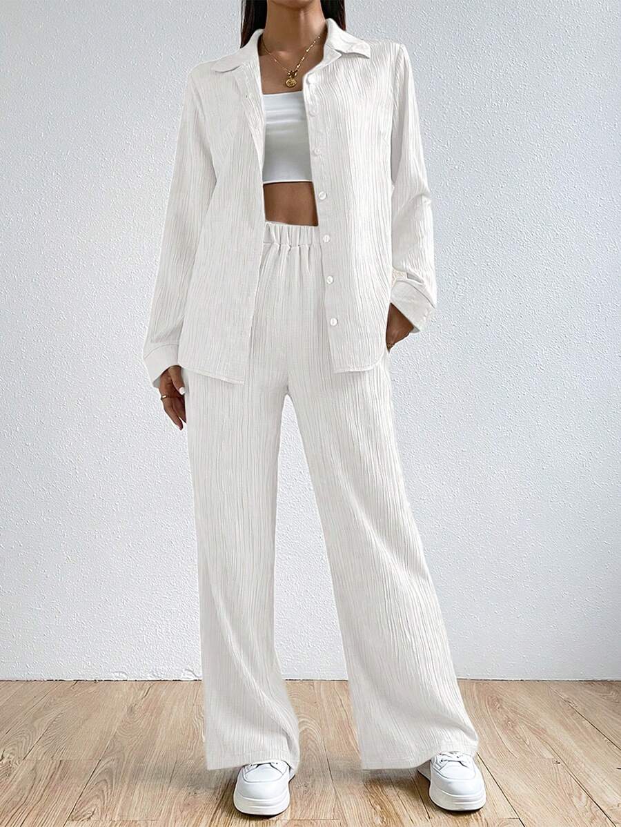 SHEIN EZwear Women's Plain And Simple Daily Wear Shirt And Long Pants Two-Piece Set - White - View 1