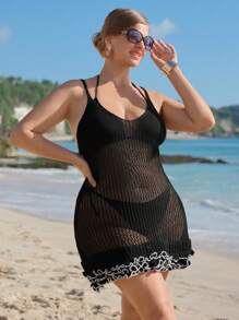 SHEIN Swim Curve Plus Size Summer Beach Hollow Lotus Leaf Hem Cami Cover-Up Dress - Black and White - View 1