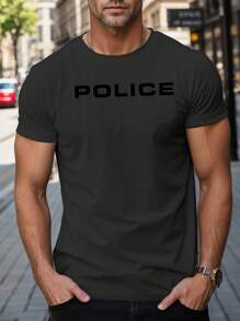 Men Short Sleeve Police Printed Summer T-Shirt - Dark Grey - View 3