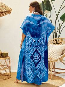 Swim Lushoire Plus Size Tie Dye Printed Round Neck Summer Beach Cover-Up Dress With Side Slits - Blue - View 2